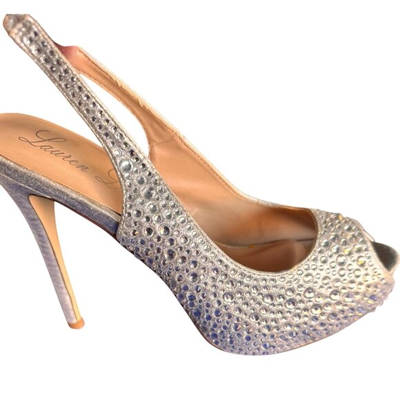 Audrey Brooke Size 11 Rhinestone Stilettos Peep-Toe Slingback Silver - Picture 10 of 11